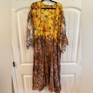 Free People Yellow and Brown Floral Long Sleeve Dress